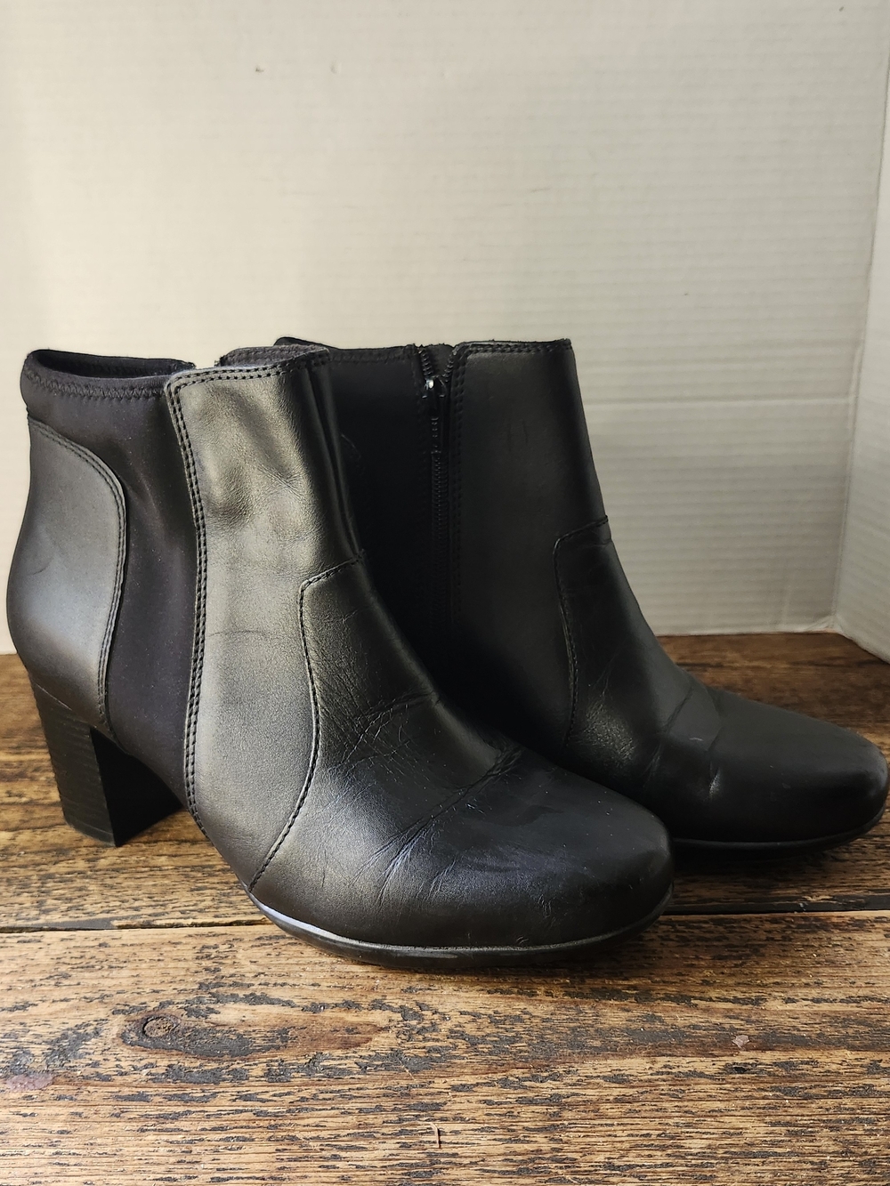 Clarks Black Leather Ankle Booties with Block Heel